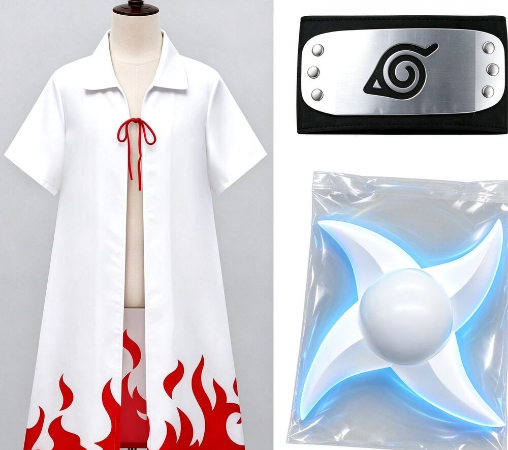 Naruto Minato 4th Hokage Cosplay Set L Cloak Headband LED Rasenshuriken